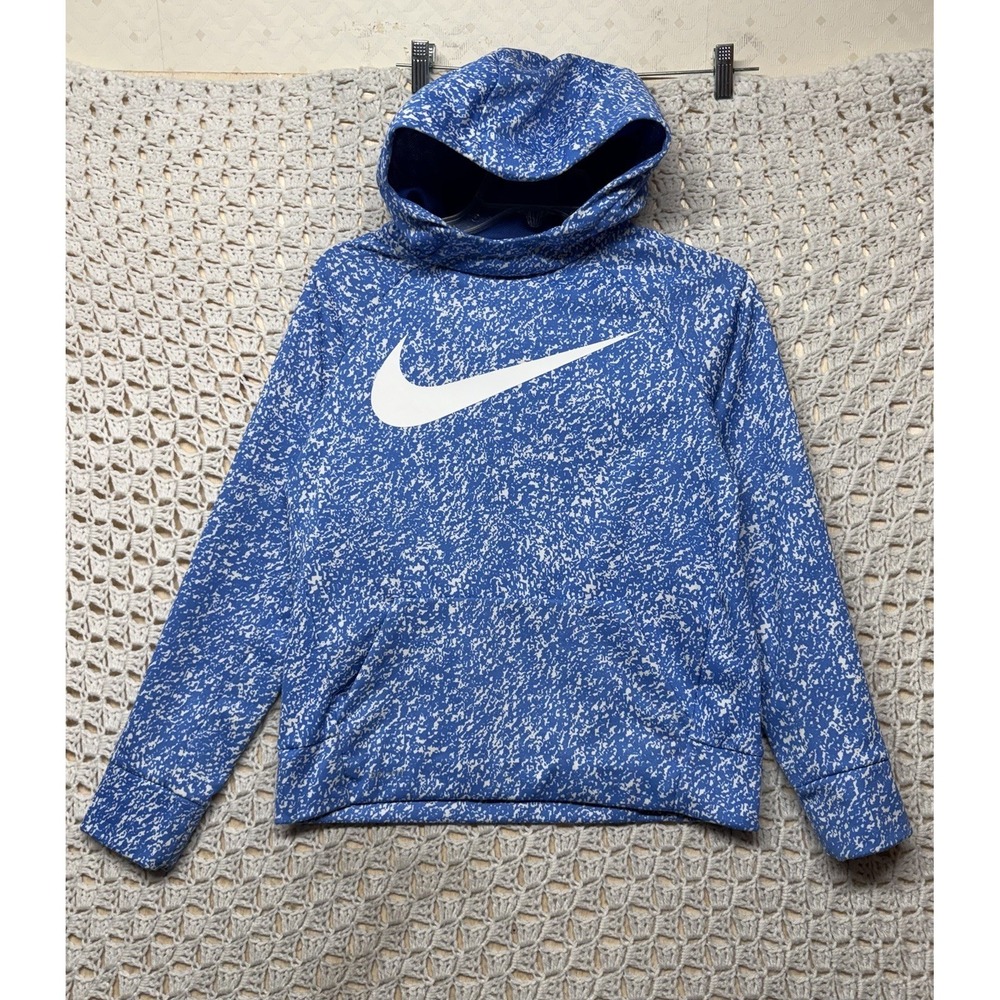 Nike Swoosh Sweatshirt Hoodie Boys Youth Sz L Blue Geometric Pullover 805544-